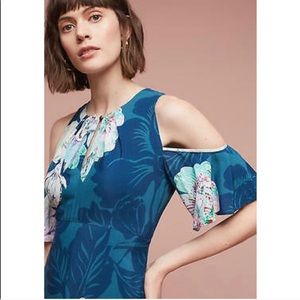 Maeve cold shoulder teal tropical dress